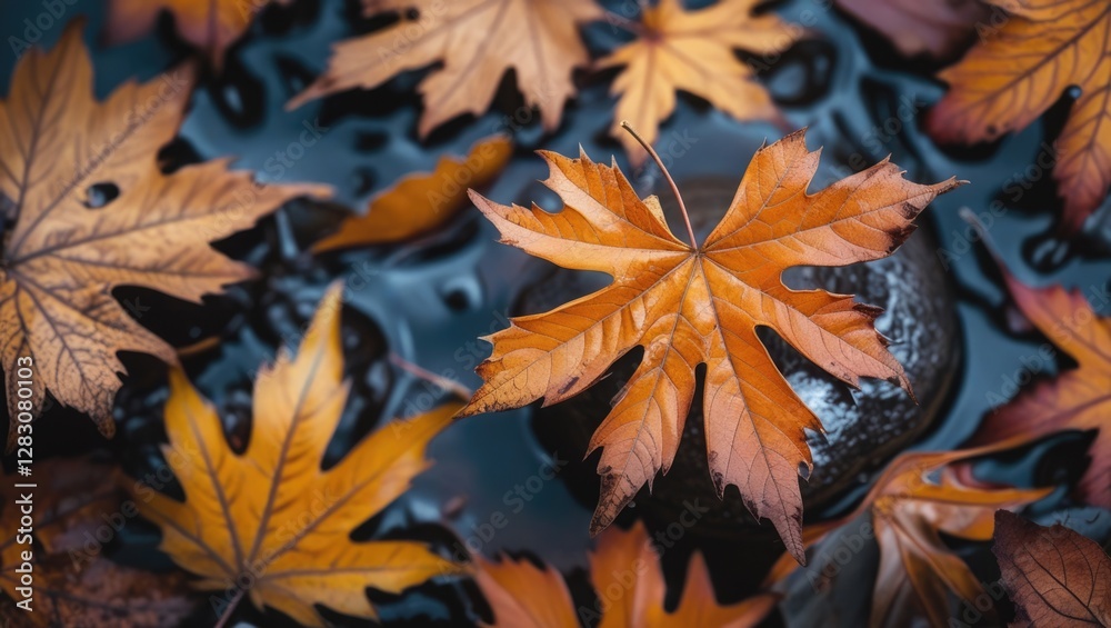 Poster autumn leaves floating on water showcasing vibrant orange tones in a serene natural setting capturin