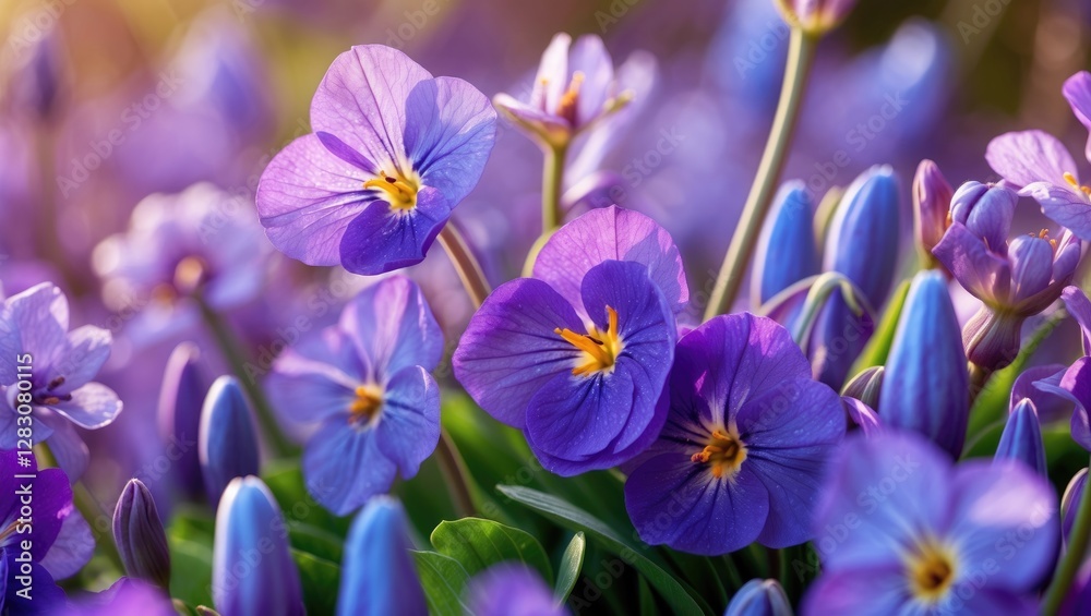 Poster vibrant closeup of spring violets showcasing a colorful array of purple flowers in natural sunlight 
