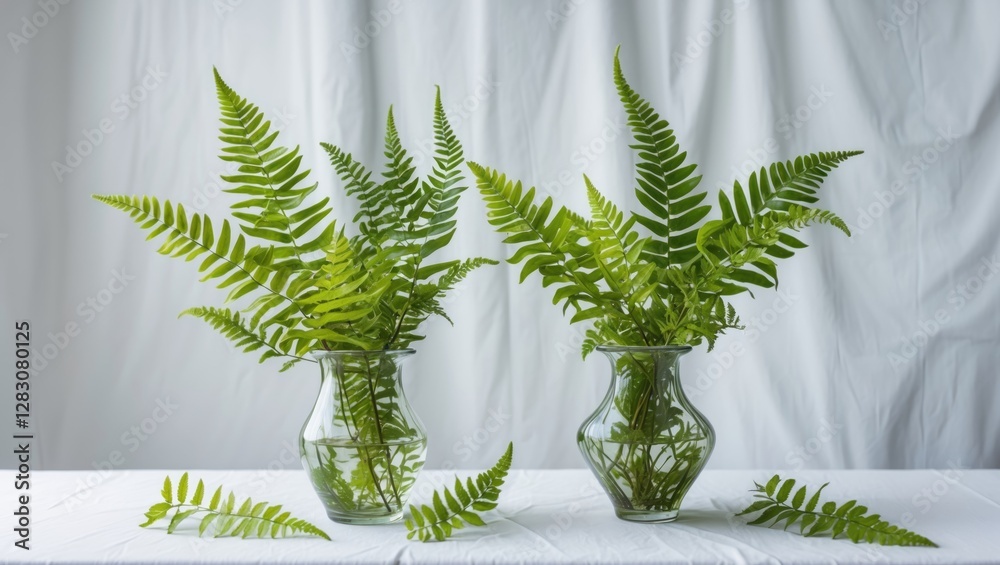 Poster fresh green fern leaves elegantly arranged in glass vases on a white table with a soft white backdro