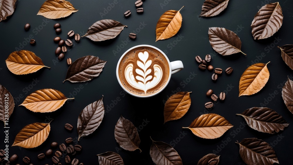 Aufkleber Artistic coffee latte with leaf pattern surrounded by autumn leaves and coffee beans on a sleek black table creating a cozy atmosphere.