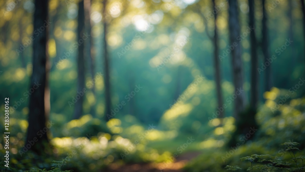 Aufkleber serene blurred forest scene with soft natural light showcasing lush greenery and a tranquil atmosphe