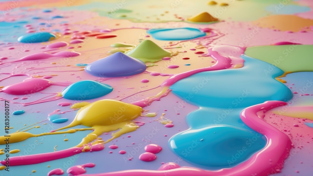 Poster Abstract multicolored liquid paint background with pastel hues and fluid shapes, perfect for minimalistic and pop art design projects.