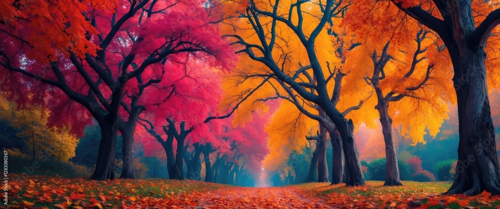 Poster vibrant autumn landscape featuring colorful tree branches and fallen leaves illuminated by soft sunl