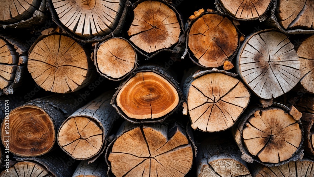 Aufkleber Close-up view of stacked firewood showcasing intricate textures and natural patterns of cut tree logs in a rustic backdrop.