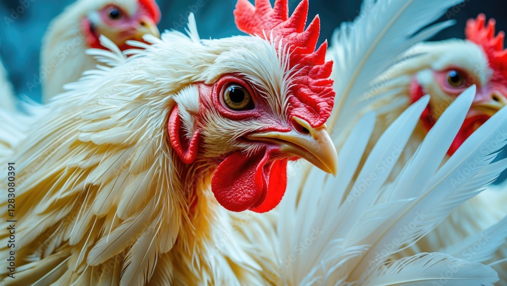 Poster elegant close-up of vibrant white chicken feathers showcasing intricate details and textures in a na