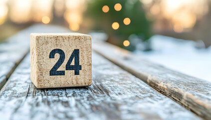 Wooden block showing 24 on snowy bench, winter sunset background; advent calendar, Christmas countdown image