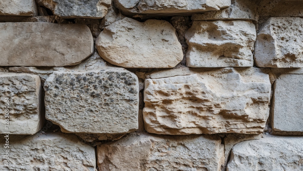 Aufkleber Textured close-up view of an ancient stone wall showcasing natural light interplay and unique patterns in weathered masonry elements.