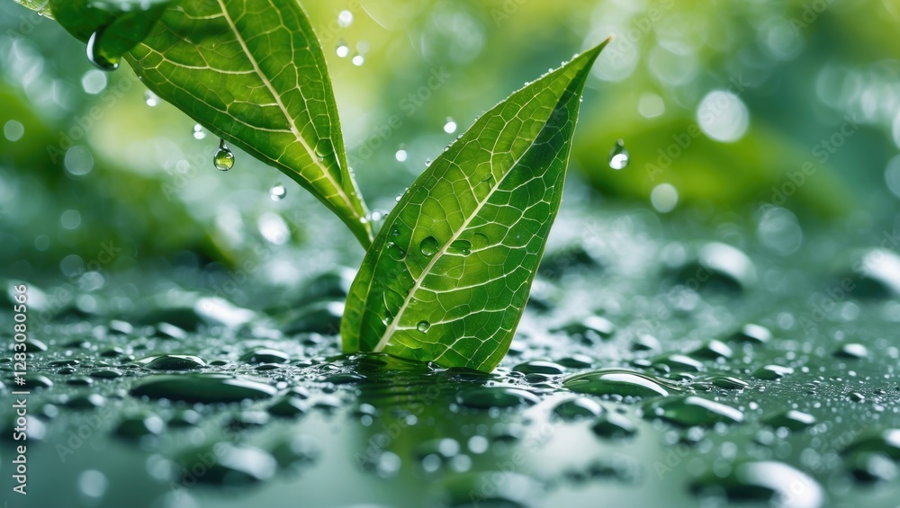 Poster closeup of fresh green leaves with water droplets on surface creating a vibrant and refreshing natur