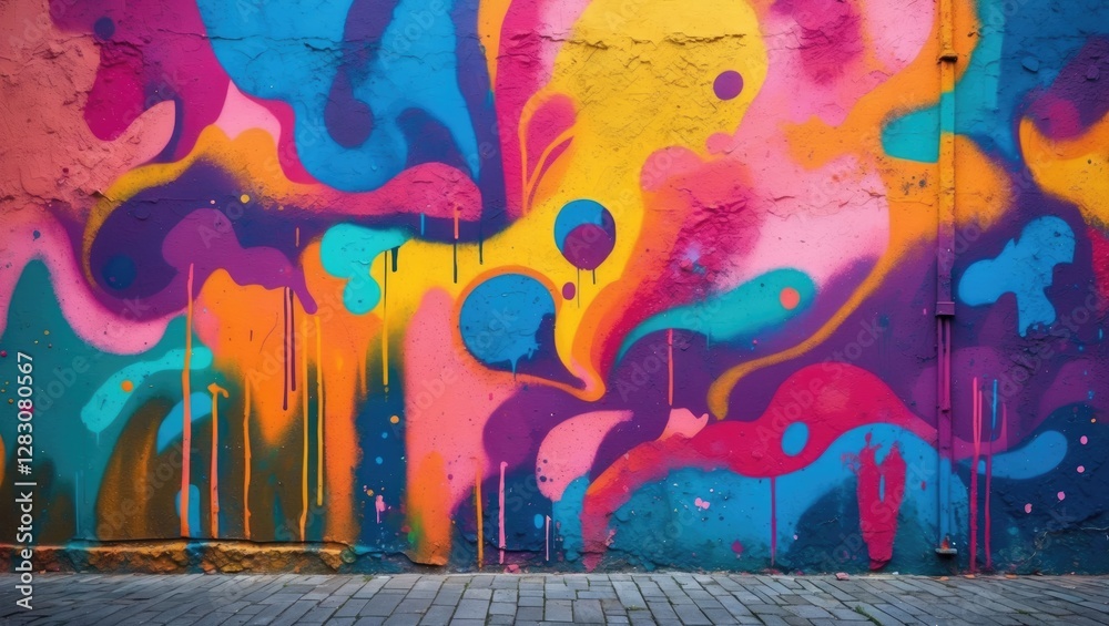 Poster Vibrant abstract graffiti art showcasing artistic expression on a textured urban wall with colorful swirling patterns and drips.