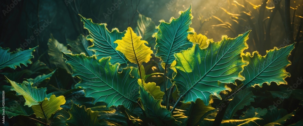 Poster lush cycad leaves illuminated in soft light create a tranquil natural garden atmosphere against a da