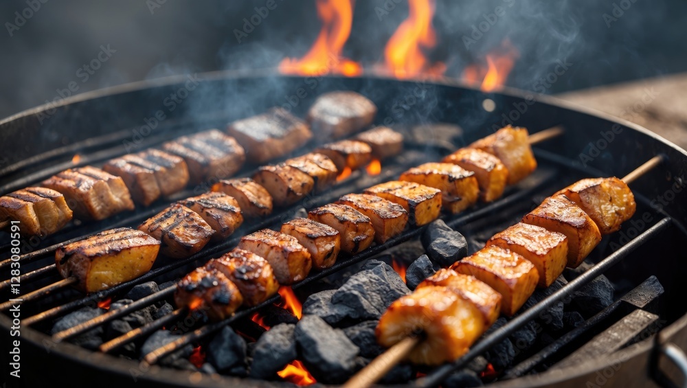 Aufkleber grilled skewers of marinated meat and vegetables on a charcoal grill with flames and smoke creating 