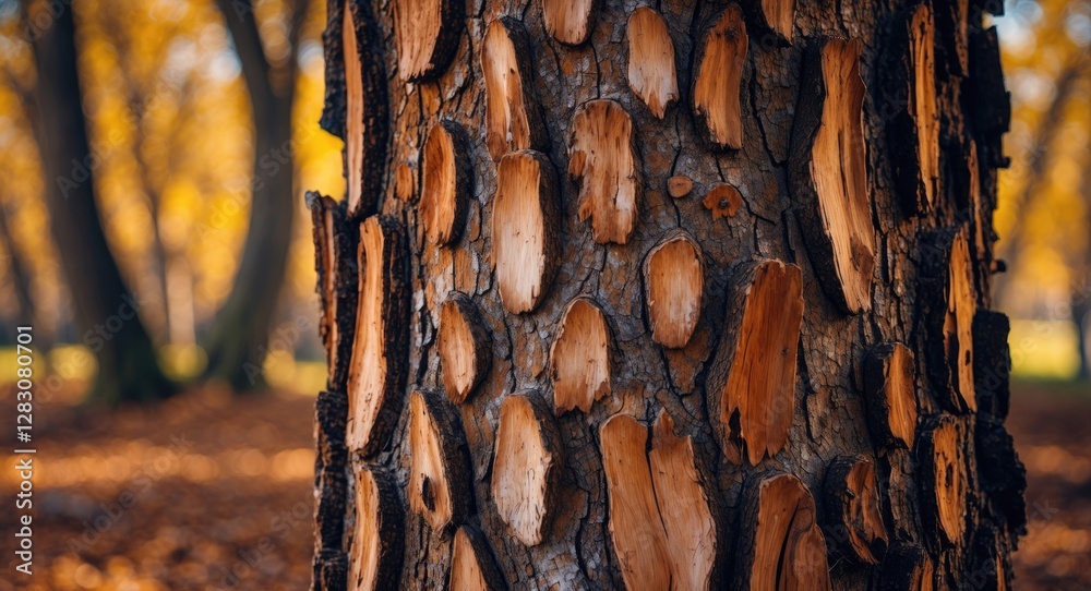 Aufkleber Detailed close-up of textured tree bark showcasing natural patterns and colors in a serene forest setting during autumn.