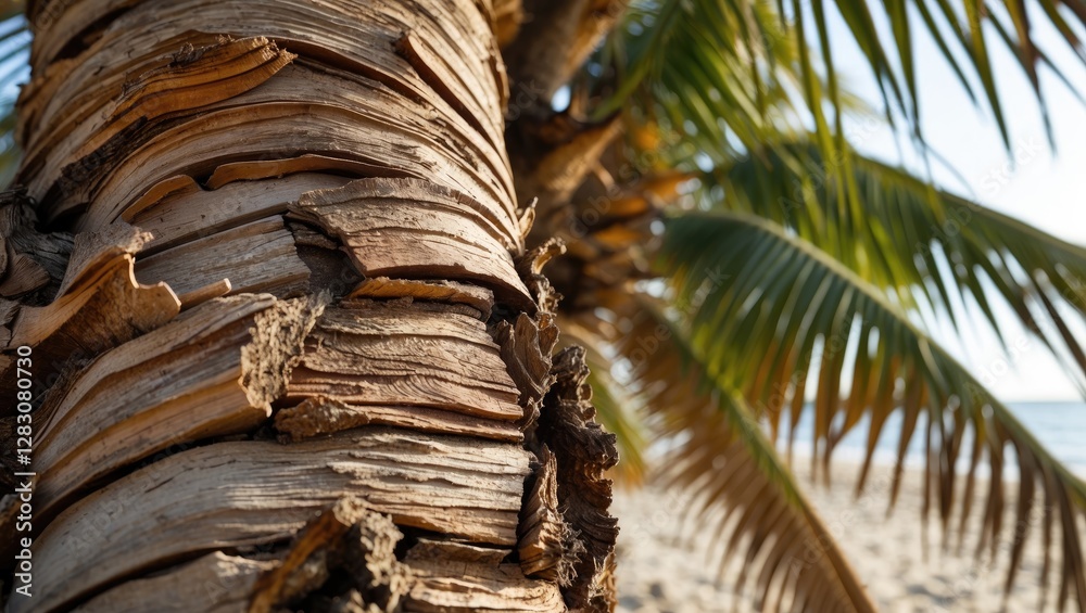 Poster close up of textured brown palm tree bark against a tropical beach backdrop with blurred palm fronds