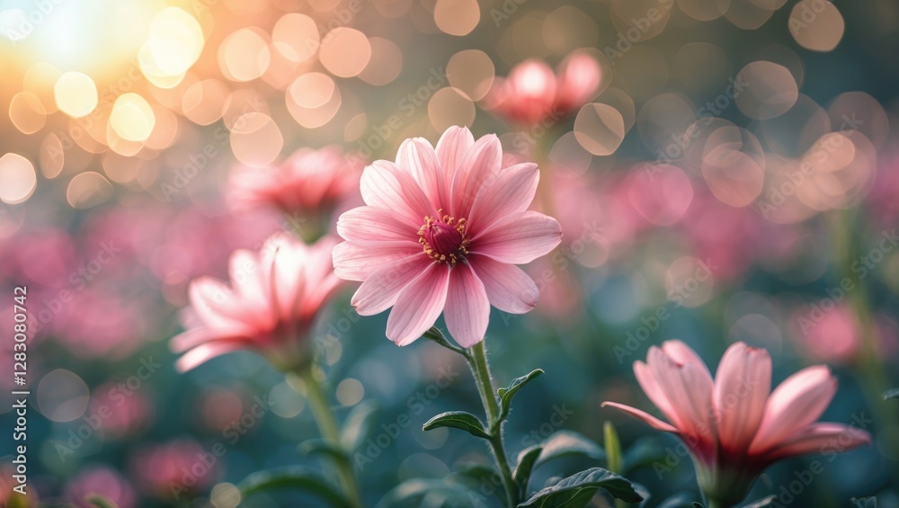 Poster delicate pink flower in close-up against a dreamy bokeh background creating a serene and peaceful at