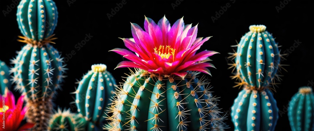 Poster vibrant close-up of colorful cacti with pink flowers against a dark background showcasing botanical 