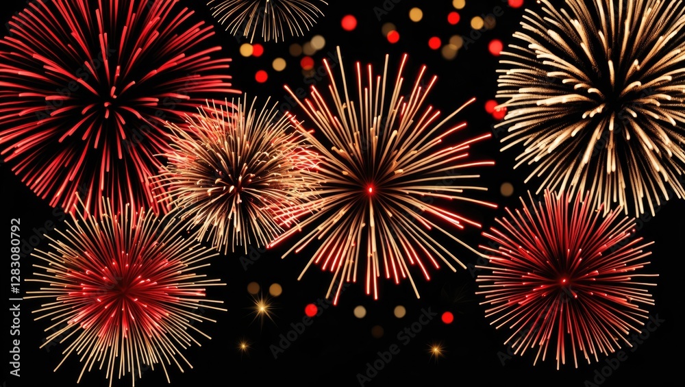 Aufkleber Vibrant red and gold fireworks display against a dark background creating a festive atmosphere for celebrations and holidays.