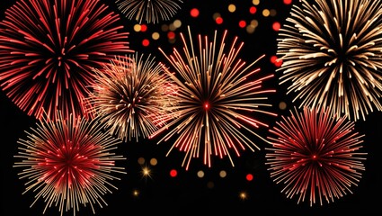 Vibrant red and gold fireworks display against a dark background creating a festive atmosphere for celebrations and holidays.