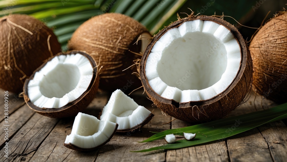 Poster fresh coconuts and coconut meat arranged on a rustic wooden surface with green palm leaves in the ba