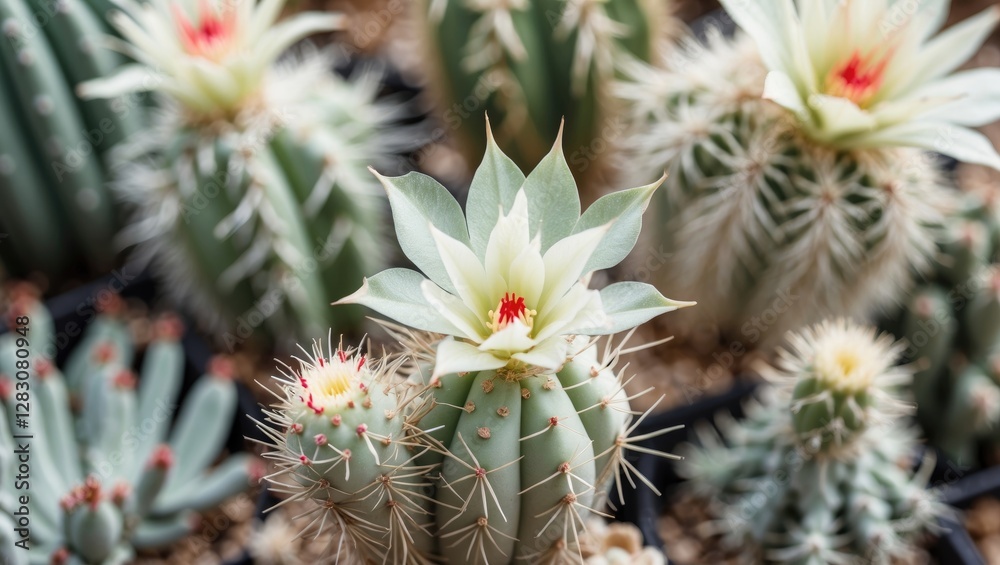 Aufkleber Beautiful close-up of flowering cacti showcasing intricate details and vibrant colors in a botanical setting with multiple succulent types.