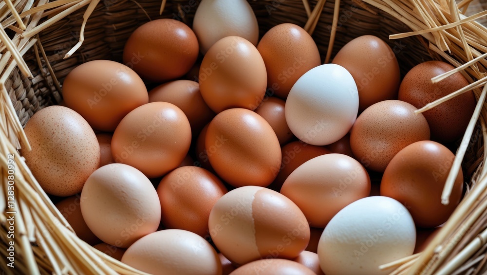Poster brown and white chicken eggs arranged in a straw basket showcasing natural textures and patterns ide