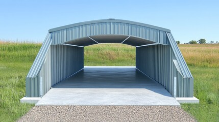 Obraz premium Concrete garage ramp leading to a durable metal garage with a sturdy structure