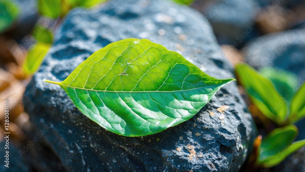 Poster macro view of a vibrant green leaf resting on a textured rock showcasing intricate details and natur