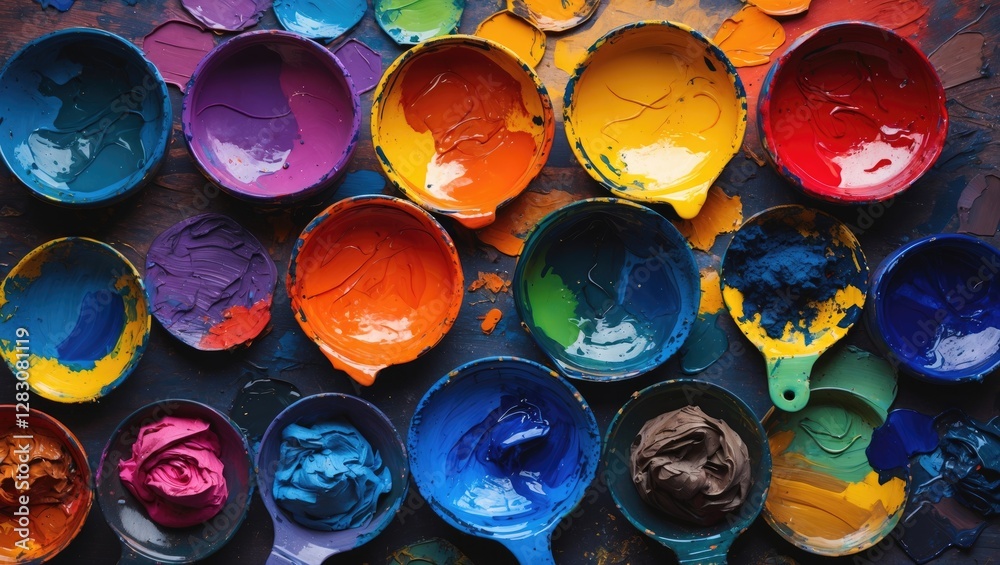 Poster Vibrant assortment of paint colors in circular containers creating a colorful textured background for artistic designs and creative projects