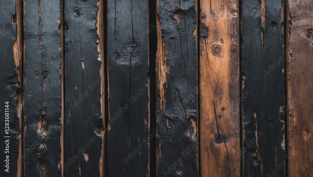 Poster closeup view of weathered black and brown wooden planks featuring intricate textures and aged charac