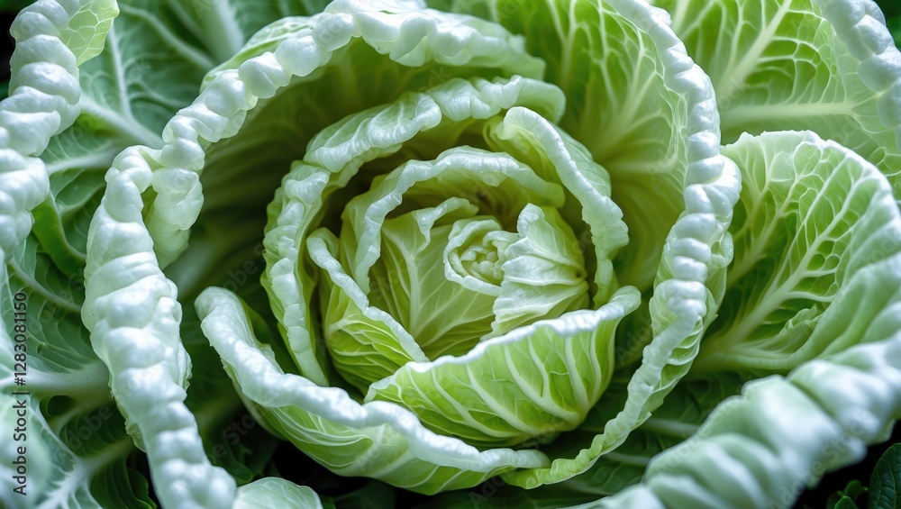 Poster Detailed close-up macro image showcasing the intricate texture and layers of white cabbage, highlighting its fresh and vibrant green colors.