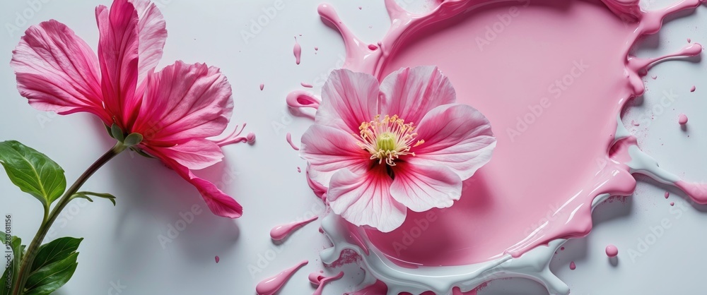 Poster close up view of vibrant pink flower beside a splash of white paint creating an artistic and refresh