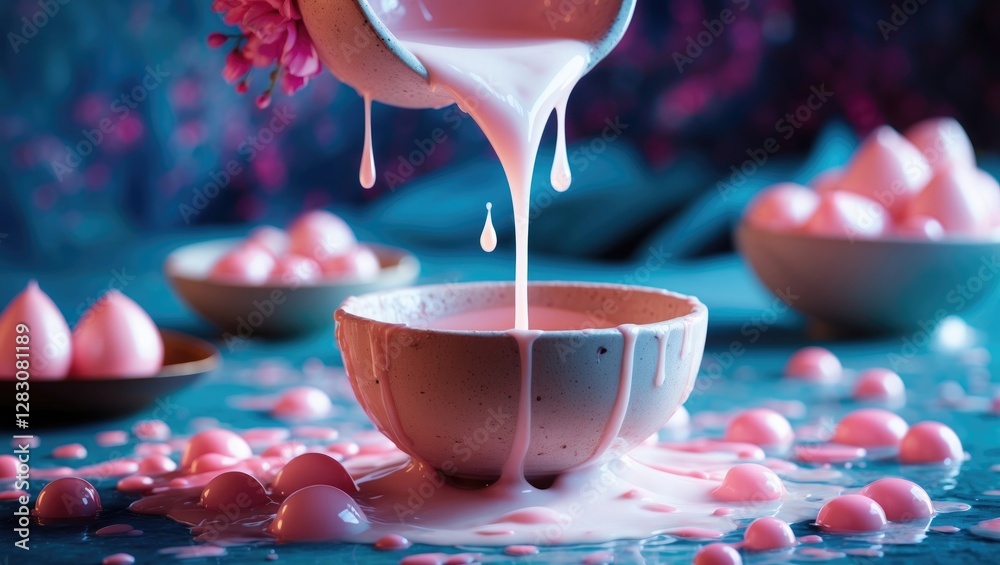 Poster freshly extracted milky latex dripping into bowl surrounded by droplets and pastel colors with copy 