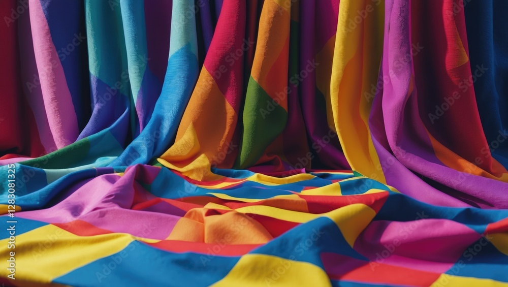 Aufkleber Vibrant multicolored fabric draping with rich textures creating a lively and playful backdrop for creative projects and design concepts.