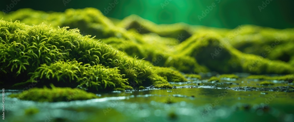 Poster lush green moss on damp ground creating a serene natural landscape background ideal for environmenta