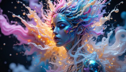 A woman with a blue face