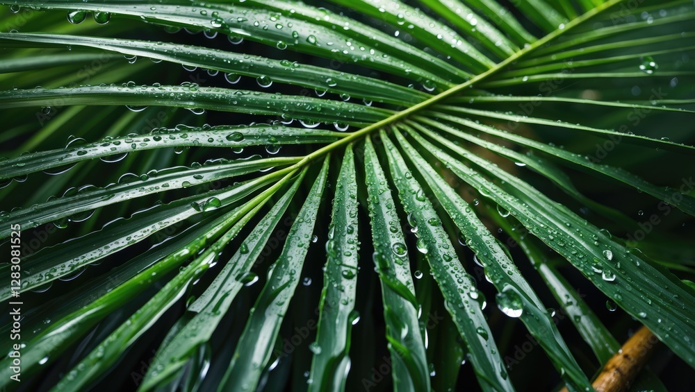 Poster closeup of a vibrant palm tree leaf adorned with water droplets creating a fresh and natural backgro