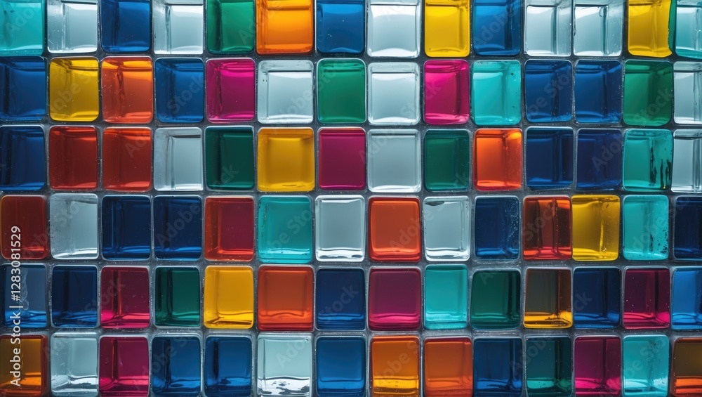 Aufkleber Vibrant multi-colored glass blocks arranged in a textured wall pattern creating an eye-catching decorative background.