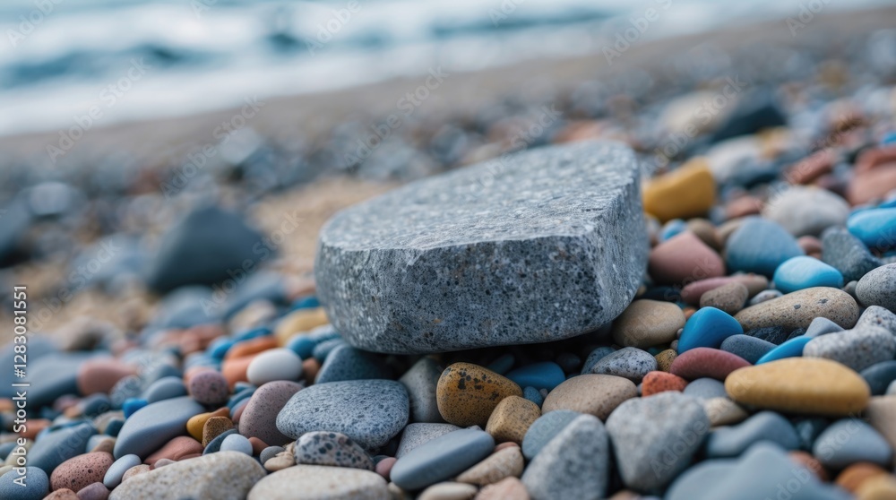 Poster gray stone resting on a bed of colorful pebbles at the beach with a gentle sea in the background, sh