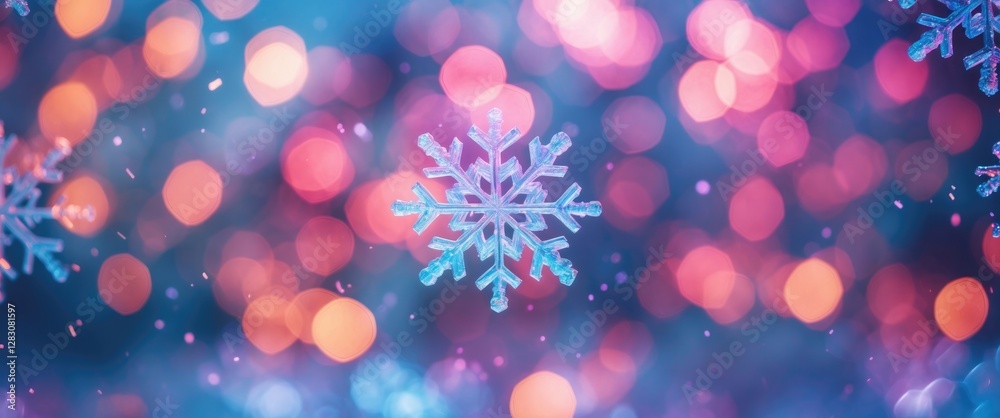Poster Colorful abstract bokeh background featuring snowflakes with motion blur creating a dreamy winter atmosphere and vibrant holiday spirit