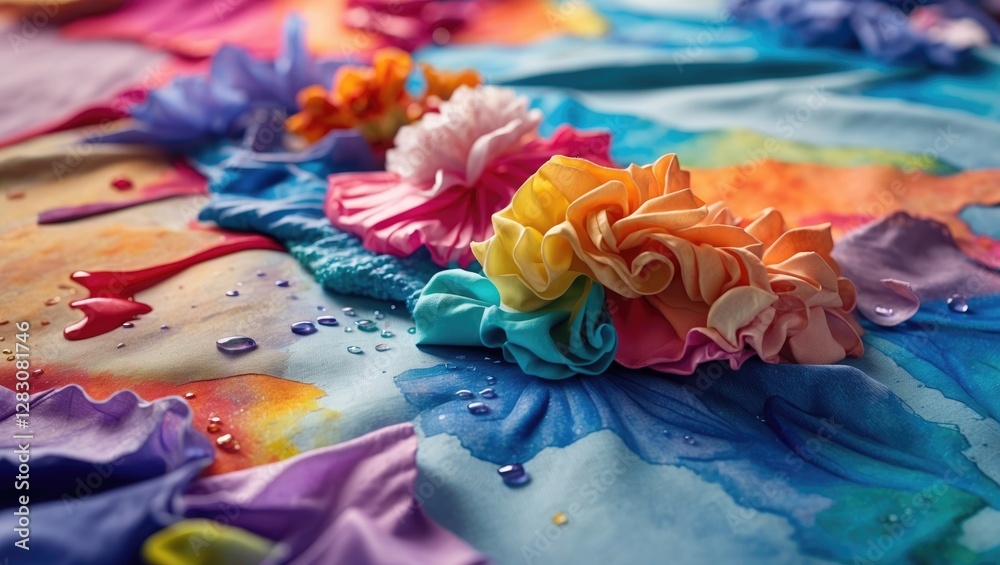 Poster vibrant close up of watercolor patterns on fabric with colorful fabric flowers and droplets showcasi