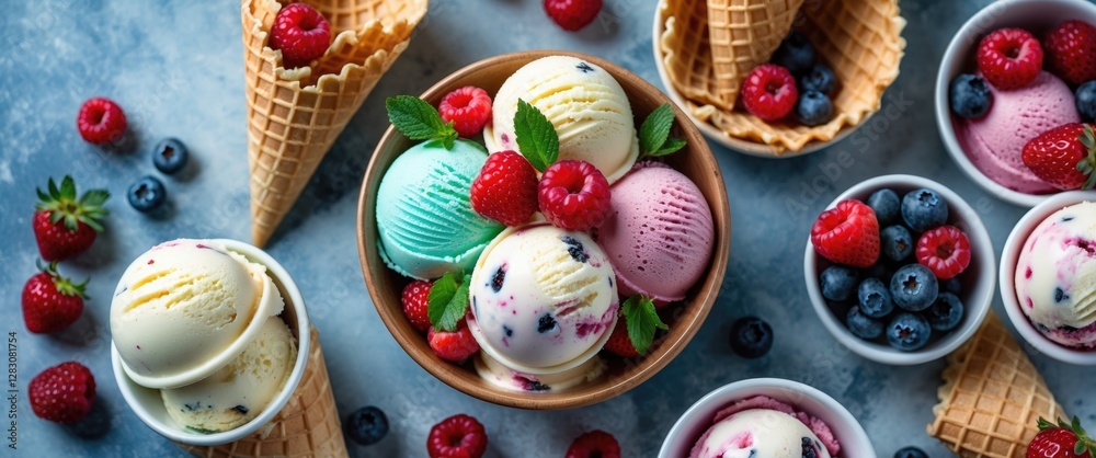 Poster colorful ice cream variety in bowls and cones with fresh berries on rustic background summer dessert