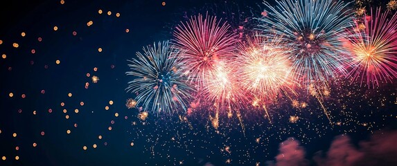 Exhilarating fireworks display. Vibrant pink, blue, white explosions in night sky. Festive background for celebrations, holidays, events. Copy space for text.