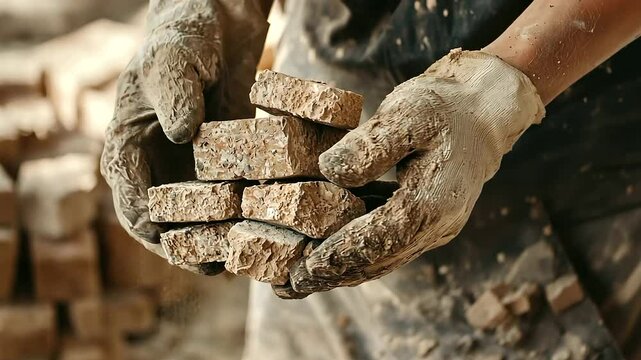 1_Worker unloading fired bricks from kiln with protective gloves