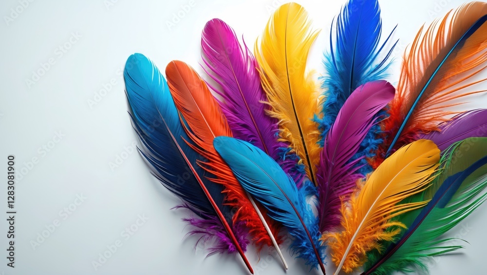 Poster Vibrant array of colorful feathers arranged artistically on a clean white background for creative and decorative purposes