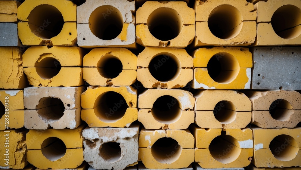 Aufkleber Close up of stacked yellow perforated bricks showcasing texture and structure for construction and design applications.