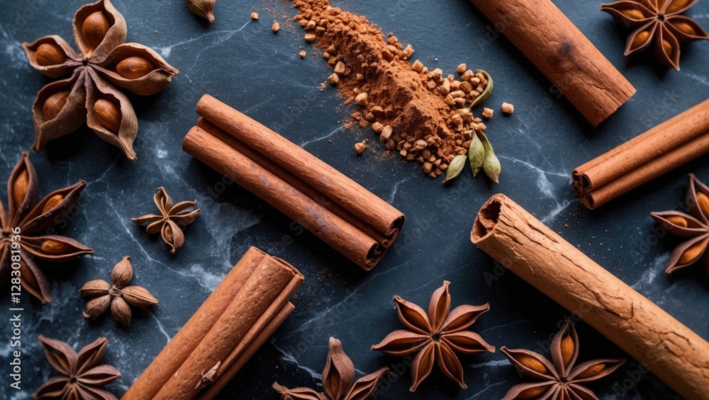 Aufkleber cinnamon sticks and star anise arranged on a dark stone surface, showcasing spices with a sprinkle o