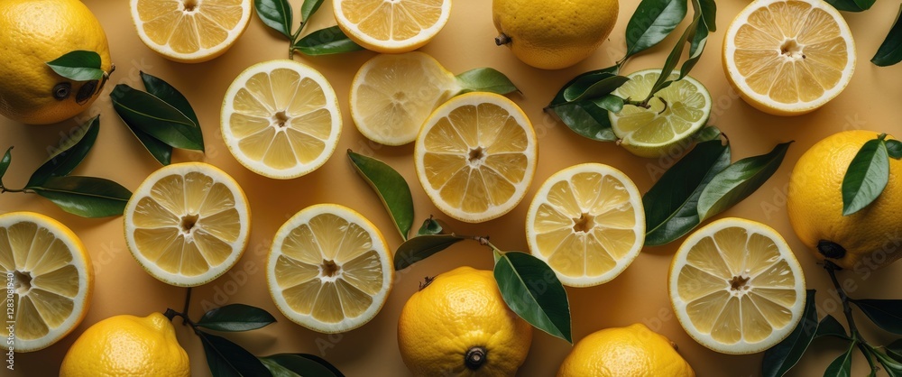 Poster vibrant arrangement of whole and sliced lemons with leaves on a yellow background for culinary or de