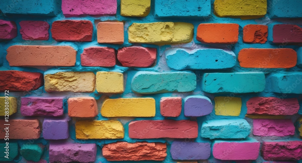 Poster vibrant painted bricks creating an eye-catching colorful wall design ideal for artistic and creative
