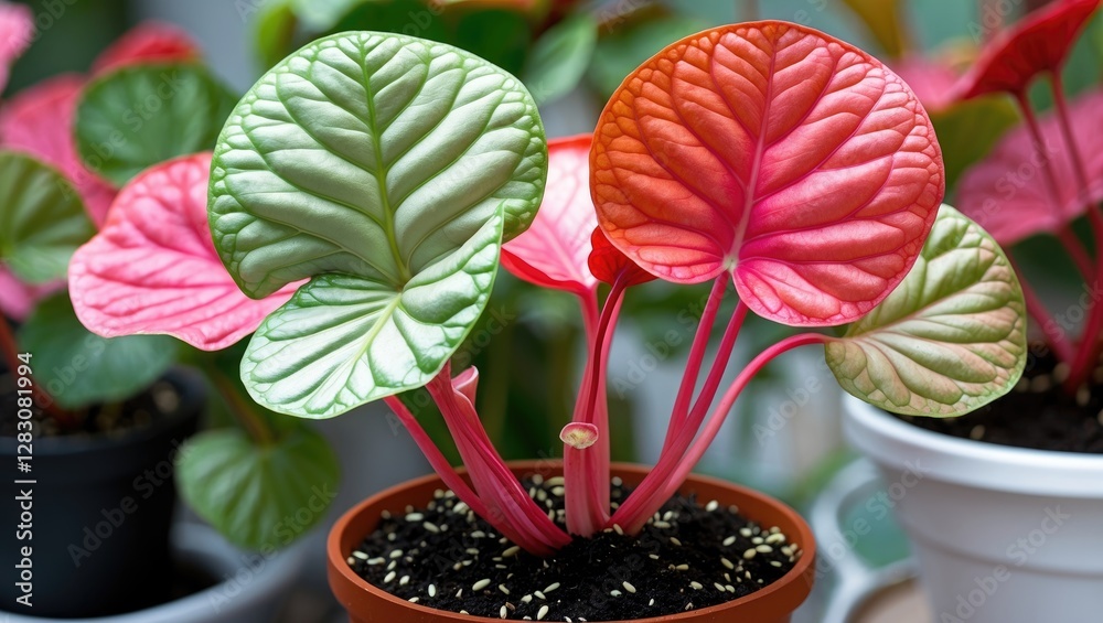 Sticker Vibrant pink and green leaves of a potted plant with unique shaped foliage in an indoor setting with natural light