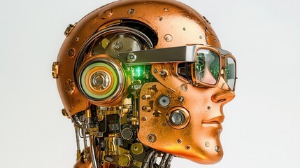 Fototapeta premium Robot and technology concept, Robot head with metallic features and glasses