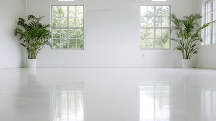 Fototapeta premium Two green potted plants stand in a bright, empty white room with large windows and a reflective glossy floor during the day.
